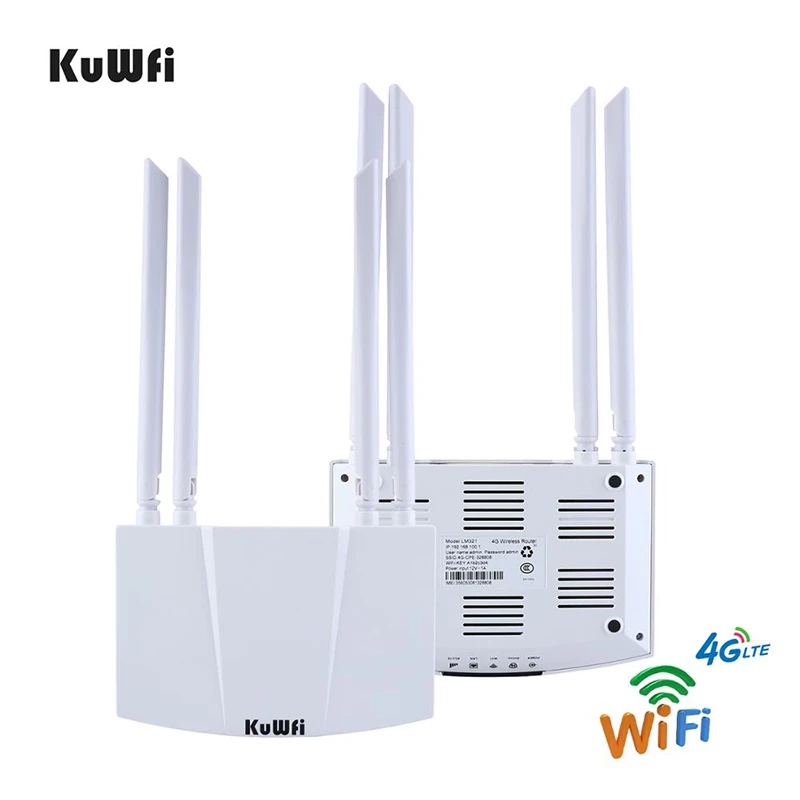 KuWFi 4G wifi router With sim card Slot RJ45 WAN LAN External antennas High Speed 150Mbps Wireless LTE Router 32 Users
