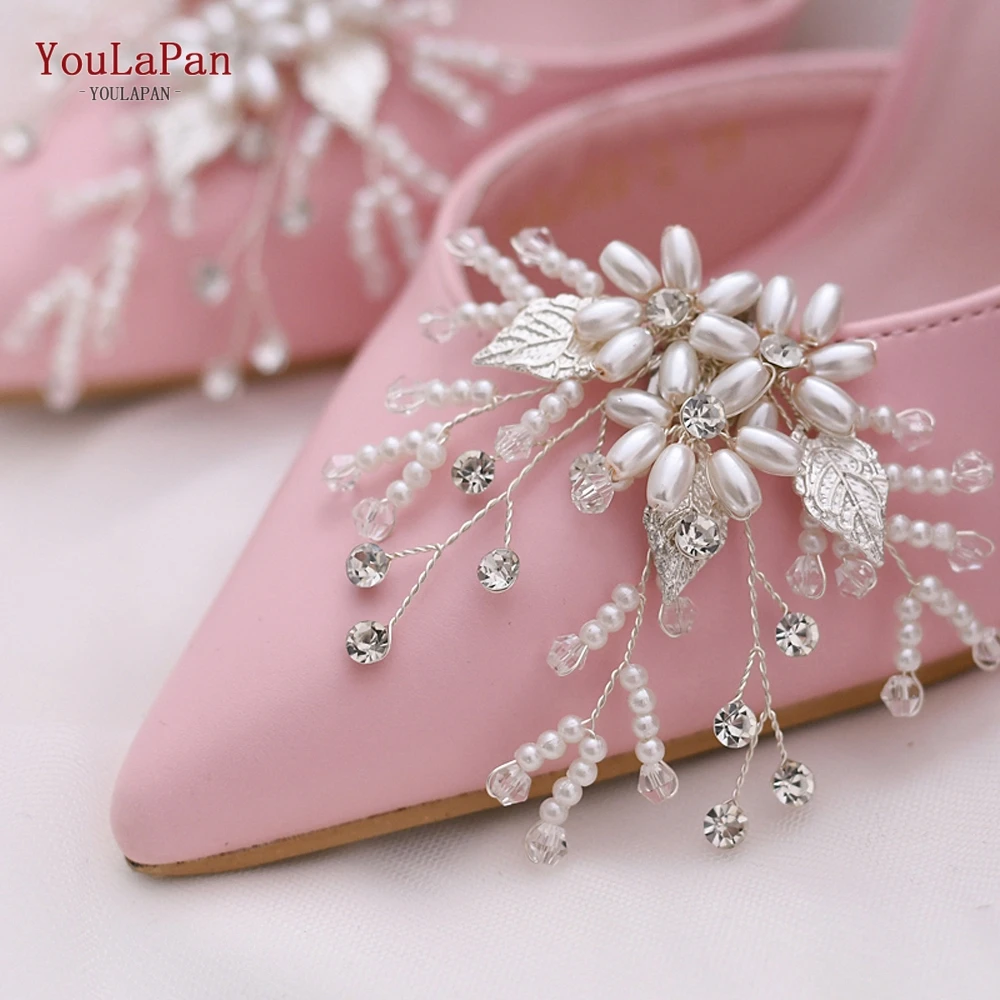 YouLaPan Trenndy Pearl Beaded Bridal Wedding Shoes Clips Rhinestone Alloy Leaf Shoes Accessories for High Heels Shoes Buckle X08