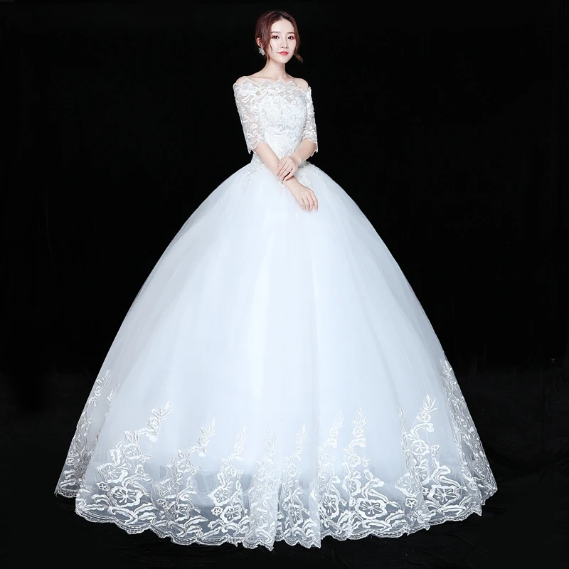 AnXin SH princess flower lace white vintage boat neck half sleeve turkey party bride white ruffles customized wedding dress