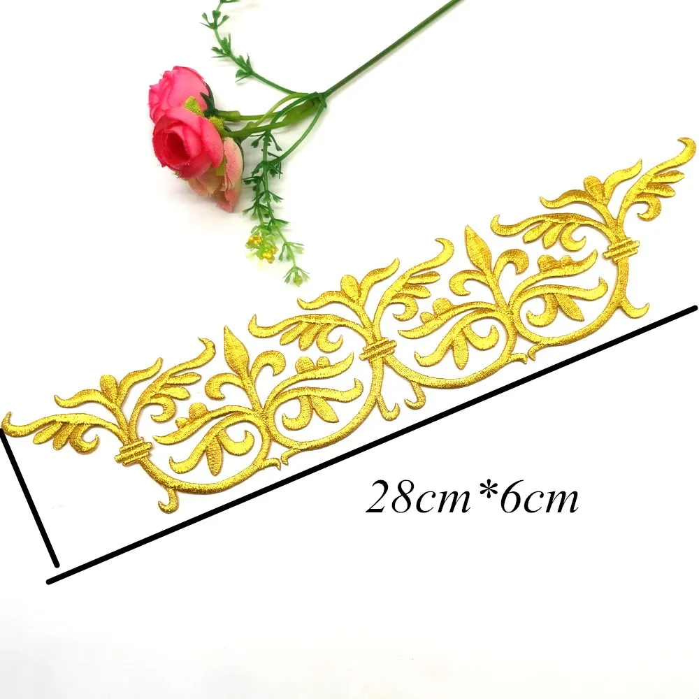 1 Piece Gold Embroidered Patches Iron On Flower Appliques For Garment Diy Trims Shiny Metallic Golden Accessories 28*6cm