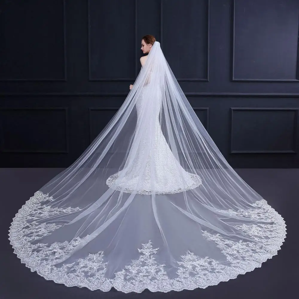 JaneVini หรูหราสีขาว/งาช้างแต่งงาน Wedding Veils หวี One Layer Lace Appliques EDGE Soft Tulle ยาวผ้าคลุมหน้าเจ้าสาว mariage