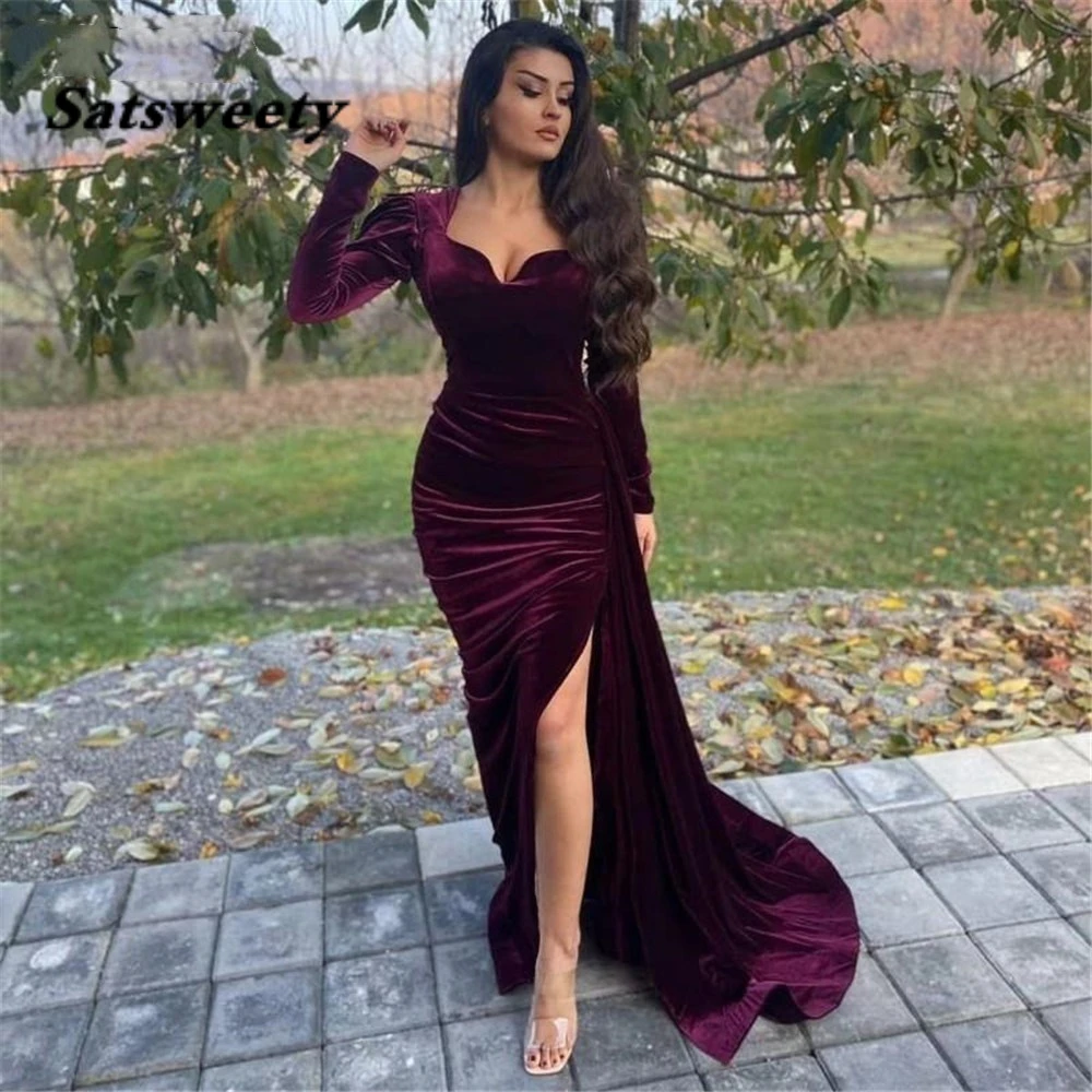 

Sexy Arabic Mermaid Evening Dress Long Sleeve Side Split Morocco Kaftan Soft Velvet Prom Dresses Long Women Party Gowns