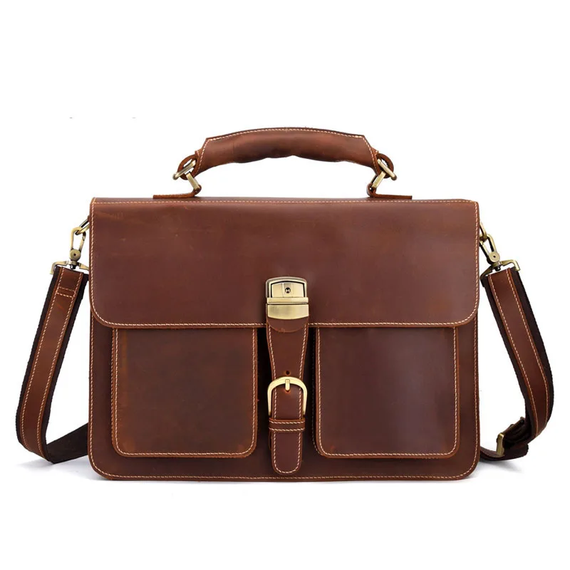 Moda Retro skórzana teczka męska o dużej pojemności górna warstwa skórzana torba na laptopa szalona skóra konia 15-calowa torba na komputer Messenger — zdjęcie 2