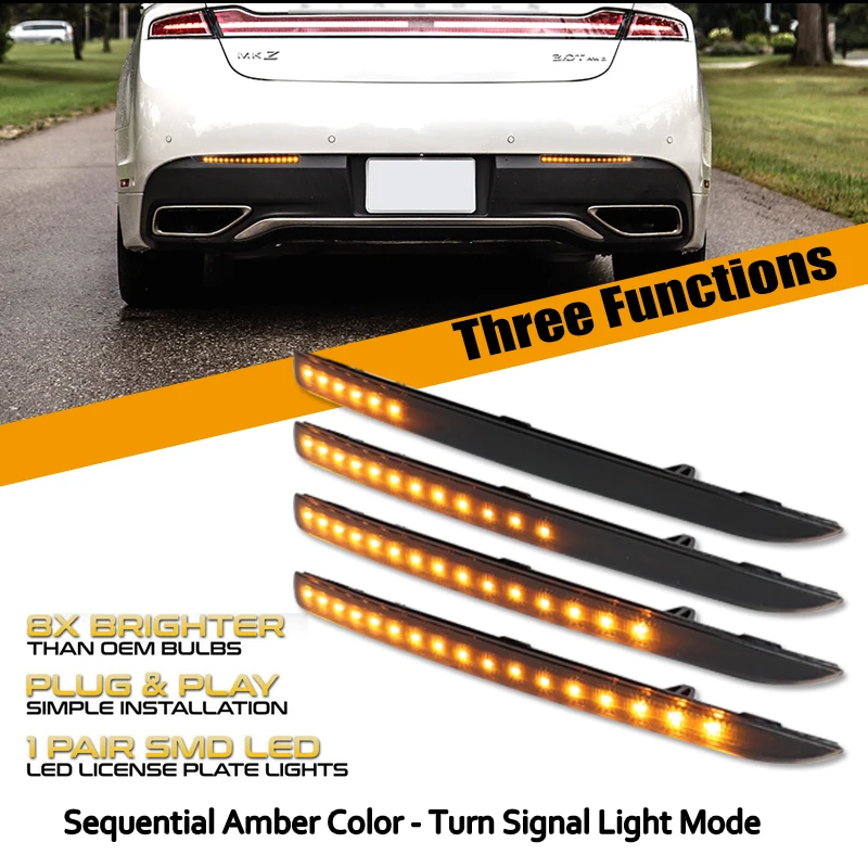 iJDM For Lincoln MKZ LED Bumper Reflector Lights Red Function as Tail,Brake & Rear Fog Lamps,Amber Sequential Turn Signal Lights