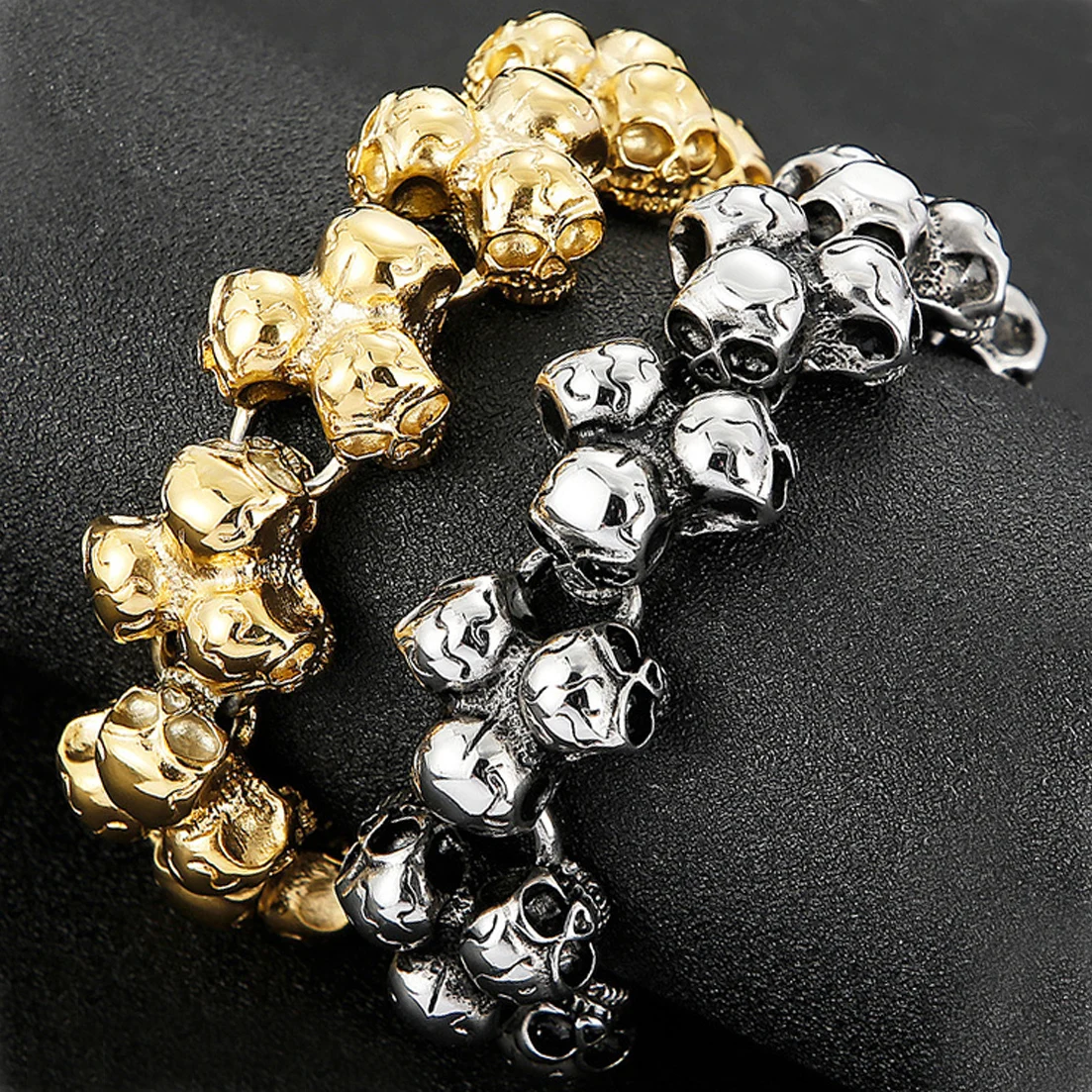 Men's 24mm Wide Silver Color/Gold Tone 316L Stainless Steel Skulls Skeleton Pattern Bracelet Bangle Punk Jewelry Free Shippingpo