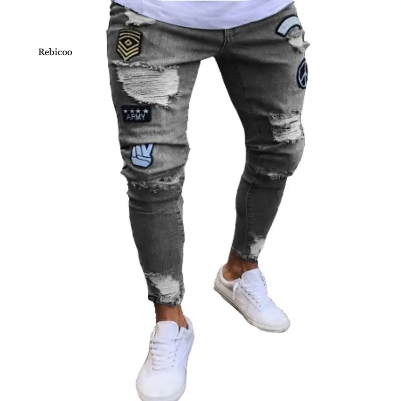 Männer Stepp Bestickte Jeans Skinny Jeans Zerrissene Grid Stretch Denim Hosen Mann Elastische Taille Patchwork Jogging Denim Hosen