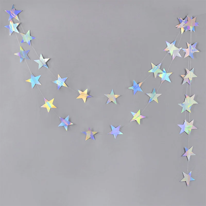 Laser Silver Paper Star Garland Banner Happy Birthday Party Decoration Girl Boy Baby Shower Wedding Christmas Wall Hanging Decor