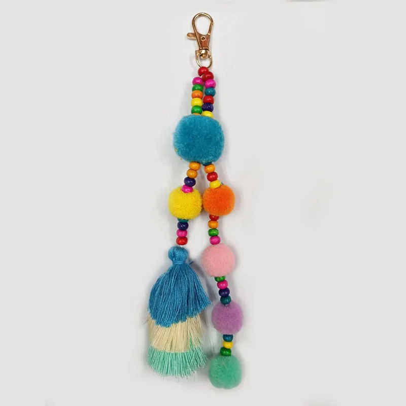 1pc Boho Style Colorful Keychains Wooden Beads Pompom Keyring With Rainbow Tassel New Jewelry For Summer Women Dropshipping