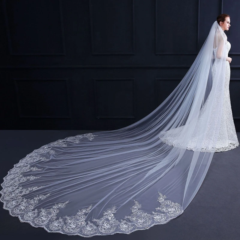 In Lager 3 Meter Weiß Elfenbein Hochzeit schleier Spitze Appliques Welon Novia accesorios Casamento Braut schleier mit Kamm Wesele