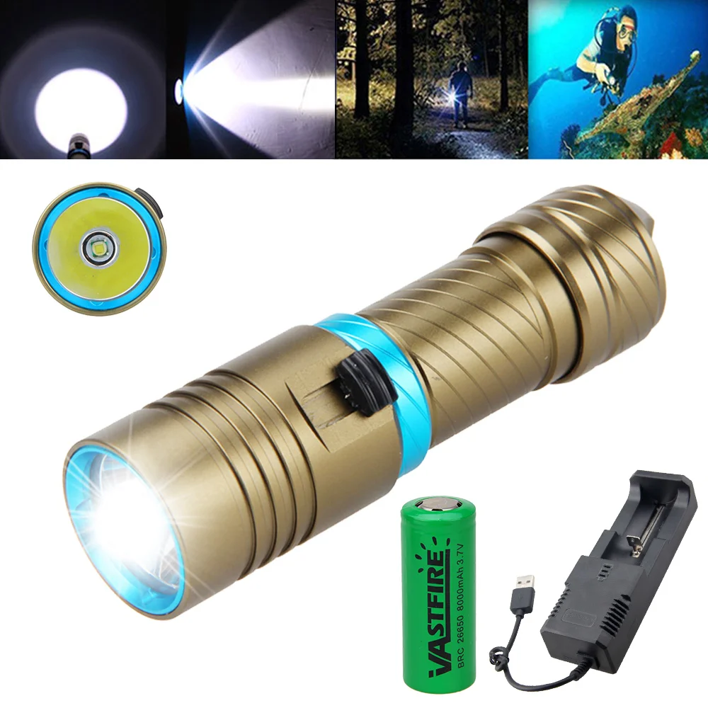 VASTFIR 10000LM Diving Flashlight Waterproof underwater 100M LED Diver Torch Aluminum Lantern by 18650/26650 Battery