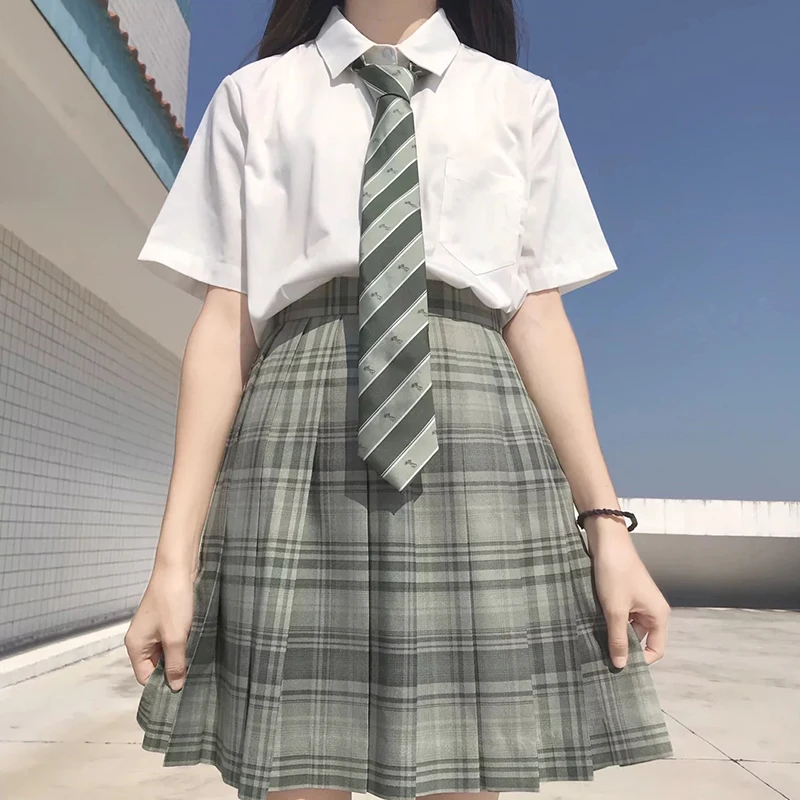 [Bamboo Forest Wind] Long/Short sleeve High Waist Green Plaid Pleated Skirts Women Dress JK School Uniform Students Girls Skirt