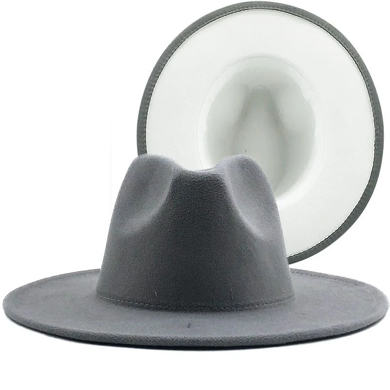 

Outer gray Simple Inner white Wool Felt Jazz Fedora Hats with Thin Belt Buckle Men Women Wide Brim Panama Trilby Cap 56-58-60CM