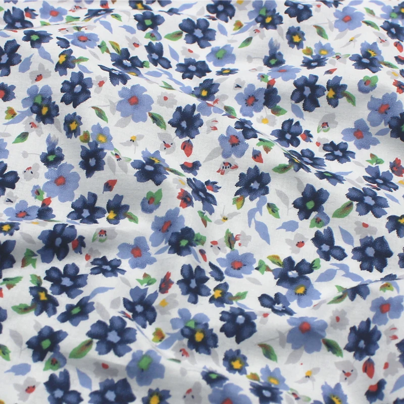 147x50cm Blue White Floral 60s Cotton Imitation   Sewing Fabric, Making Summer Thin Dress Shirt Clothing Cloth