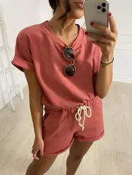 Summer Cotton Sets Women Casual Two Pieces Short Sleeve T Shirts and High Waist Short Pants Solid Outfits Tracksuit