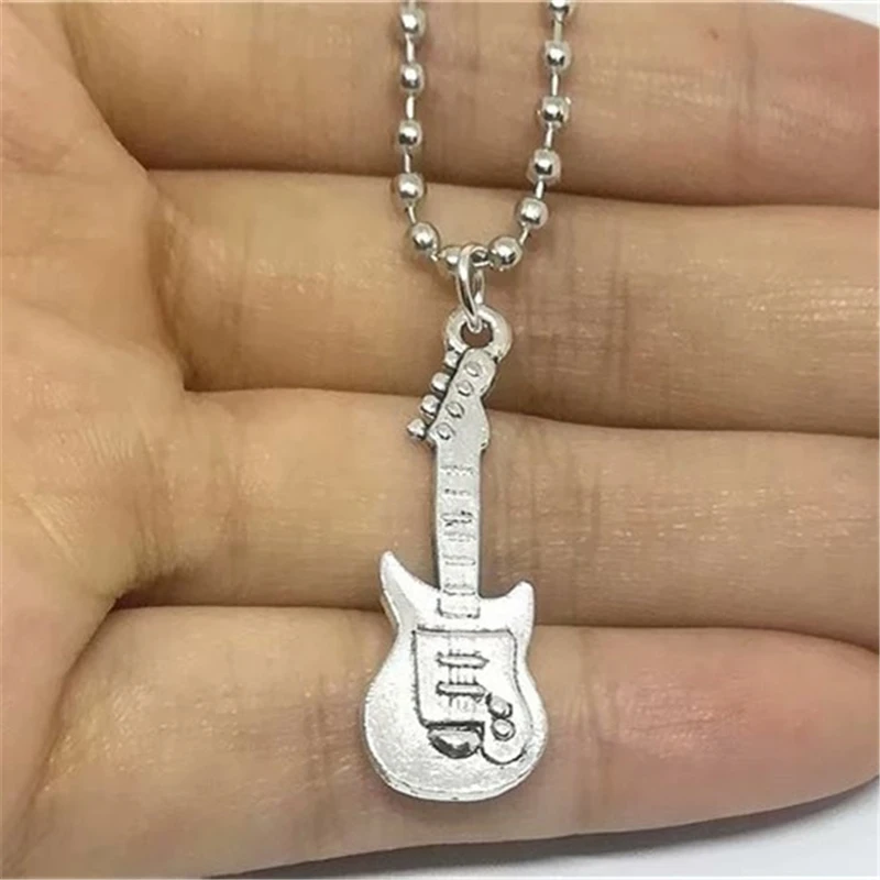 Guitar Necklace, Silver Color Long Necklace for Men Women Boys Girls Music Jewelry, Gift for Music Lover