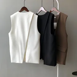 80089 Fall Women Suit Vest V-Neck Sleeveless Korean Fashion Slit Loose Elegant Solid Color All-Matching Office Ladies Waistcoat