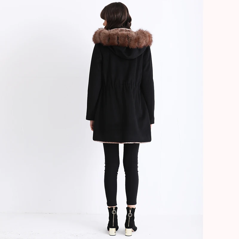 2021 new women's parka coat fox fur collar fur winter black thick warm winter women mid-length woolen coat