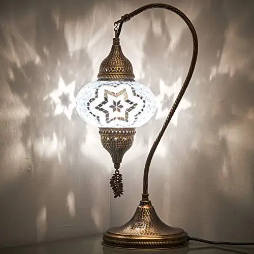 

English Moroccan Tiffany Style Handmade Colorful Mosaic Table Desk Bedside Night Swan Neck Lamp Light Lampshade, White Clear, 19