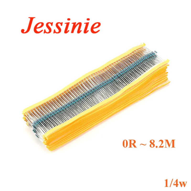 100PCS 1/4W Metal Film Resistor Resistance 1% 0R 1R 1K 2K 2R 5R 5K 1.2K 2.2K 82R 82K 820R 8.2M 8.2K 680K 6.2K 56K 39R 5.1K Ohm