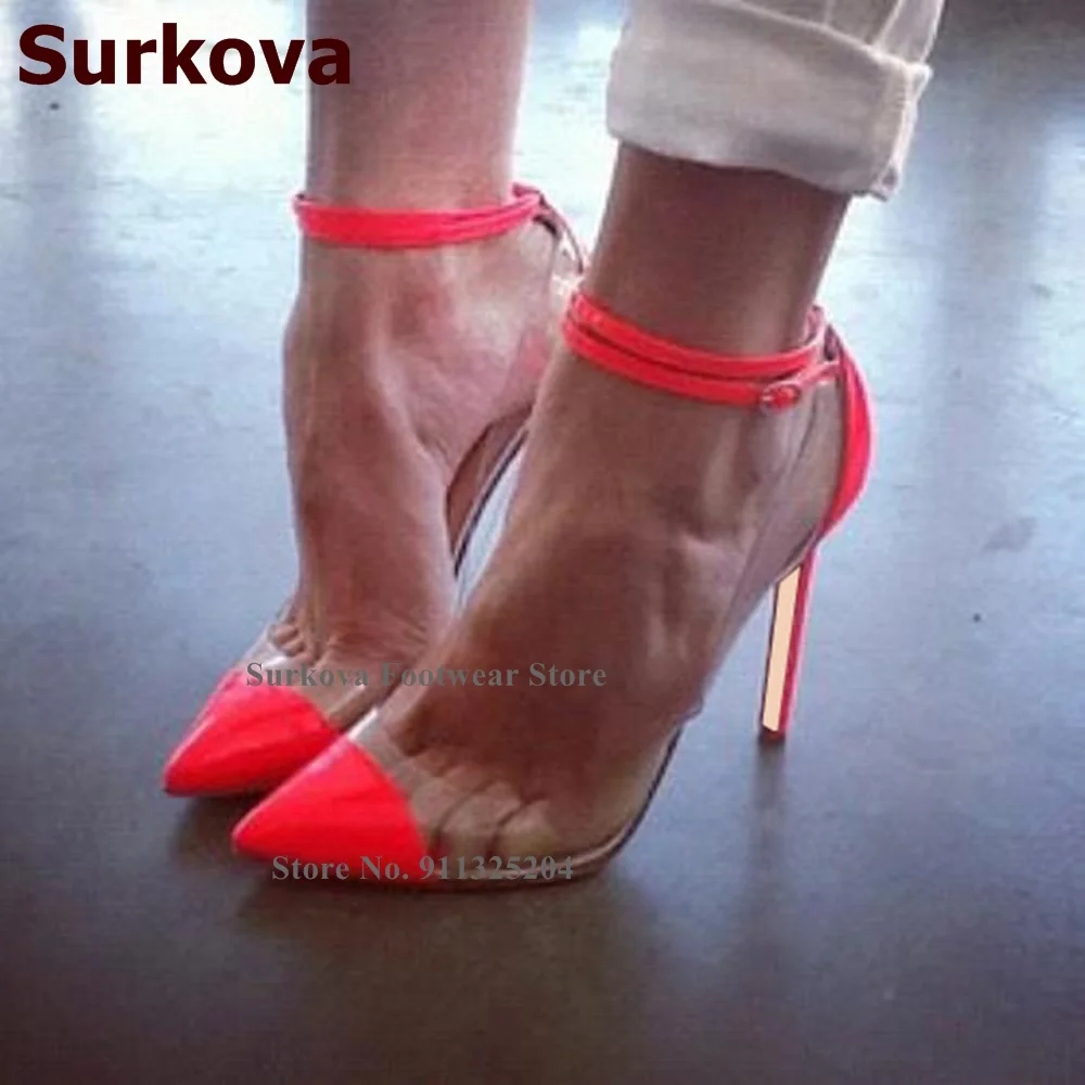 Surkova Clear PVC Patchwork Bridal Shoes Neon Yellow Patent Leather Stiletto Heel Dress Pumps Ankle Buckle Strap Footwear Size45