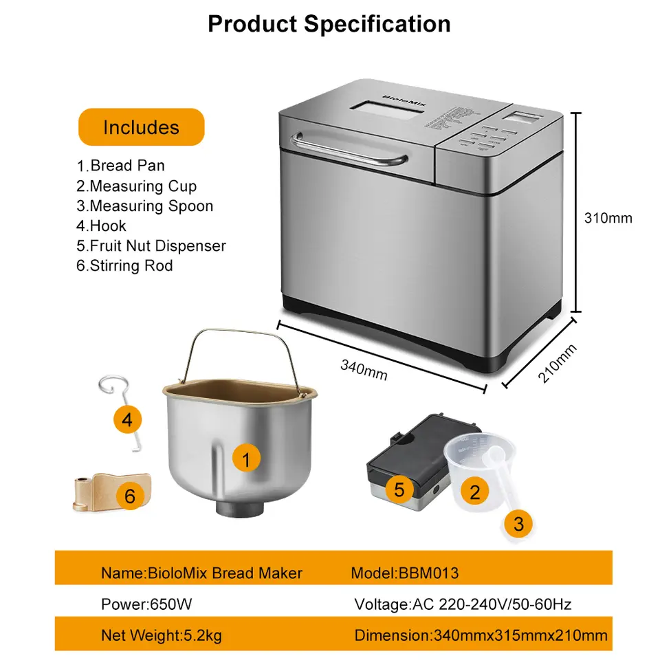 Biolomix Stainless Steel 1KG 19-in-1 Automatic Bread Maker 650W Programmable Bread Machine with 3 Loaf Sizes Fruit Nut Dispenser - 6