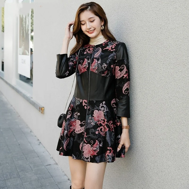 

Women Fashion Colors Mixed Sheepskin Genuine Leather Dress Elegant Ladies Slim Wrist Sleeve Floral Printed Ruffles Mini Dresses