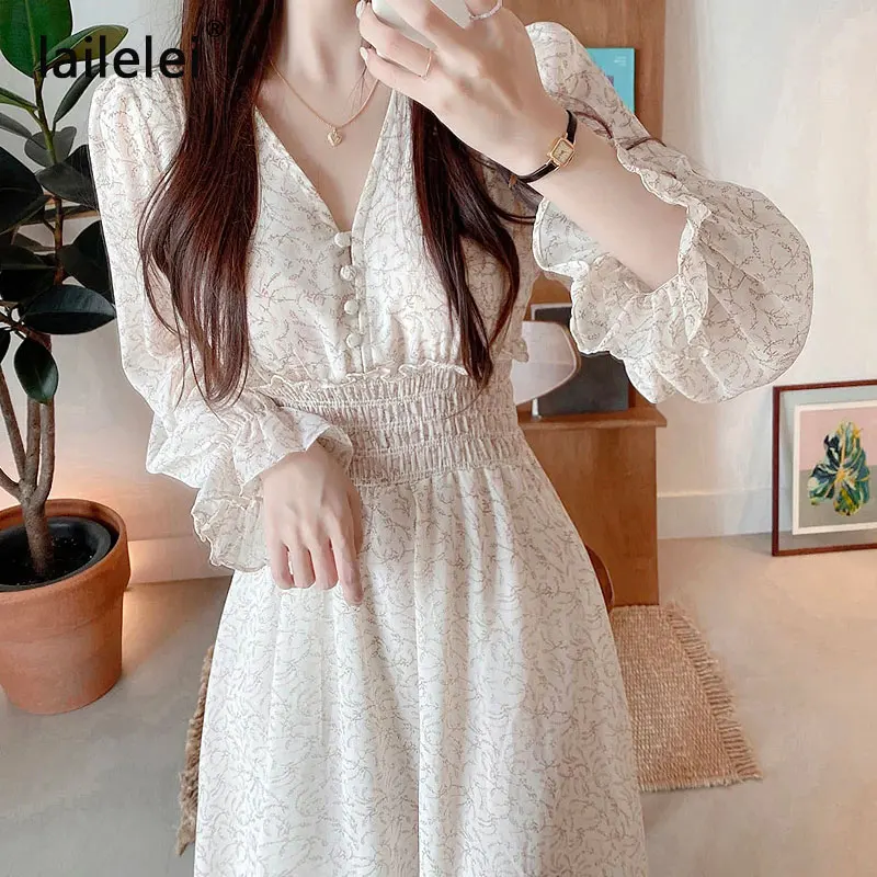 V-Neck Print Button Chiffon A-Line maxi dresses for women puff flare  Long Sleeve Spring Fall 2021 Korean Elegant Vetement Femme