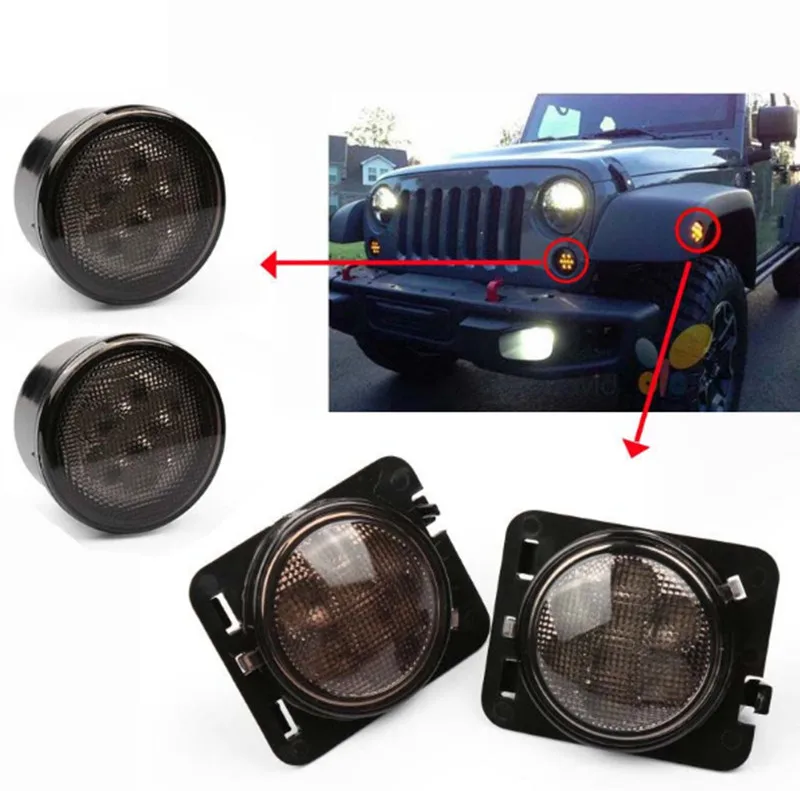 Front LED Turn Signal Light Assembly with White Halo Smoke Lens for 2007 to 2011 2012 2013 2014 2015 2016 2017 Jeep Wrangler JK