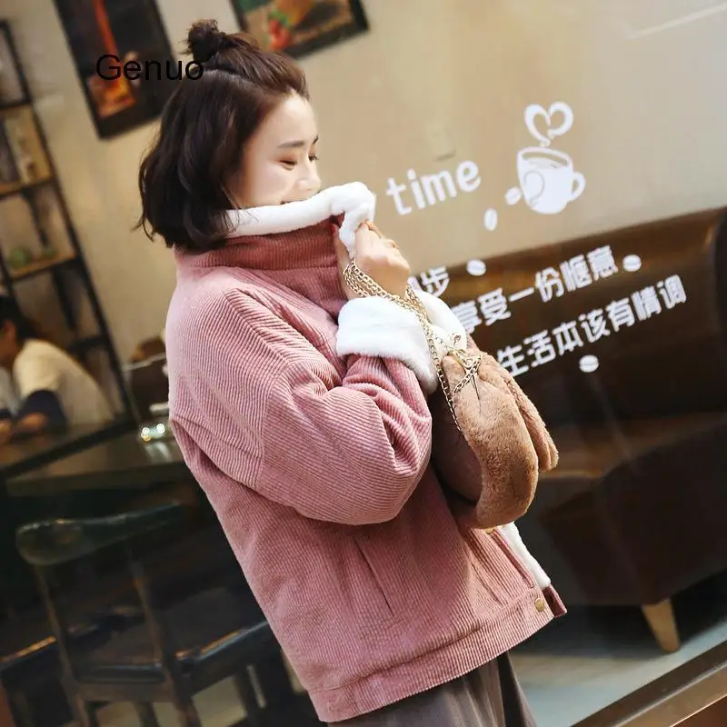 2020 New Winter Warm Fur Jeans Jacket Women Bomber Jacket Soft Corduroy Denim Jacket Female Coat Warm Lining & 4 Pockets Jacket