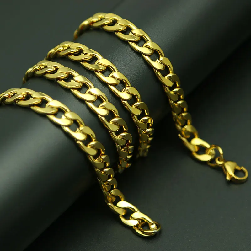 Link Curb Chain Men's Gold Titanium Stainlee Steel Figaro Flat O Link Necklace,3-9MM Wide Big Necklaces women Wholesale