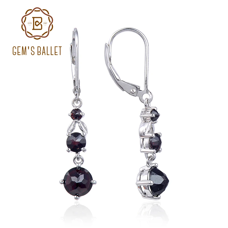 GEM'S BALLET 925 Sterling Silver Women's Gemstone Earrings Natural Black Garnet Three Stone Birthstone Leverback Dangle Earrings