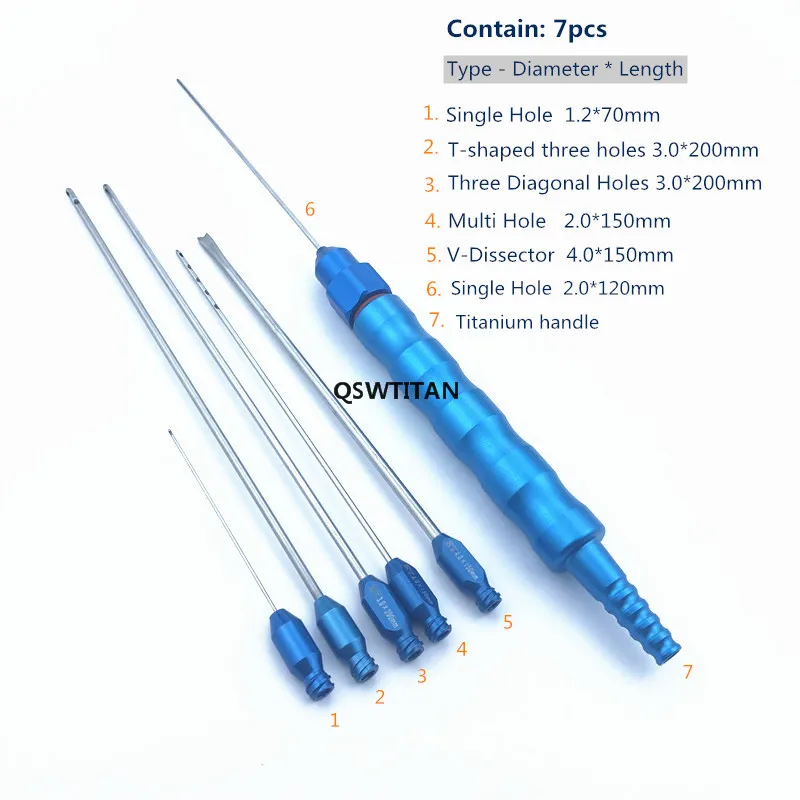 지방 흡입 Cannulas 6 개/대 티타늄 지방 흡입 핸들 바늘 Cannulas Luer Lock