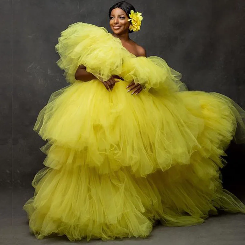 

Extra Puffy Tulle Skirt Long Floor Length Ball Gown Prom Skirts Bright Yellow Ruffled Tiered Women Skirt Prom Tutu mujer faldas