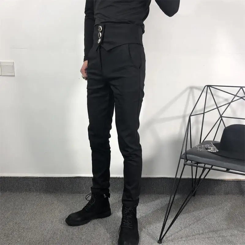

Men's Small Pants Spring And Autumn New Slim Personality Button Decoration Black Casual Large Pants