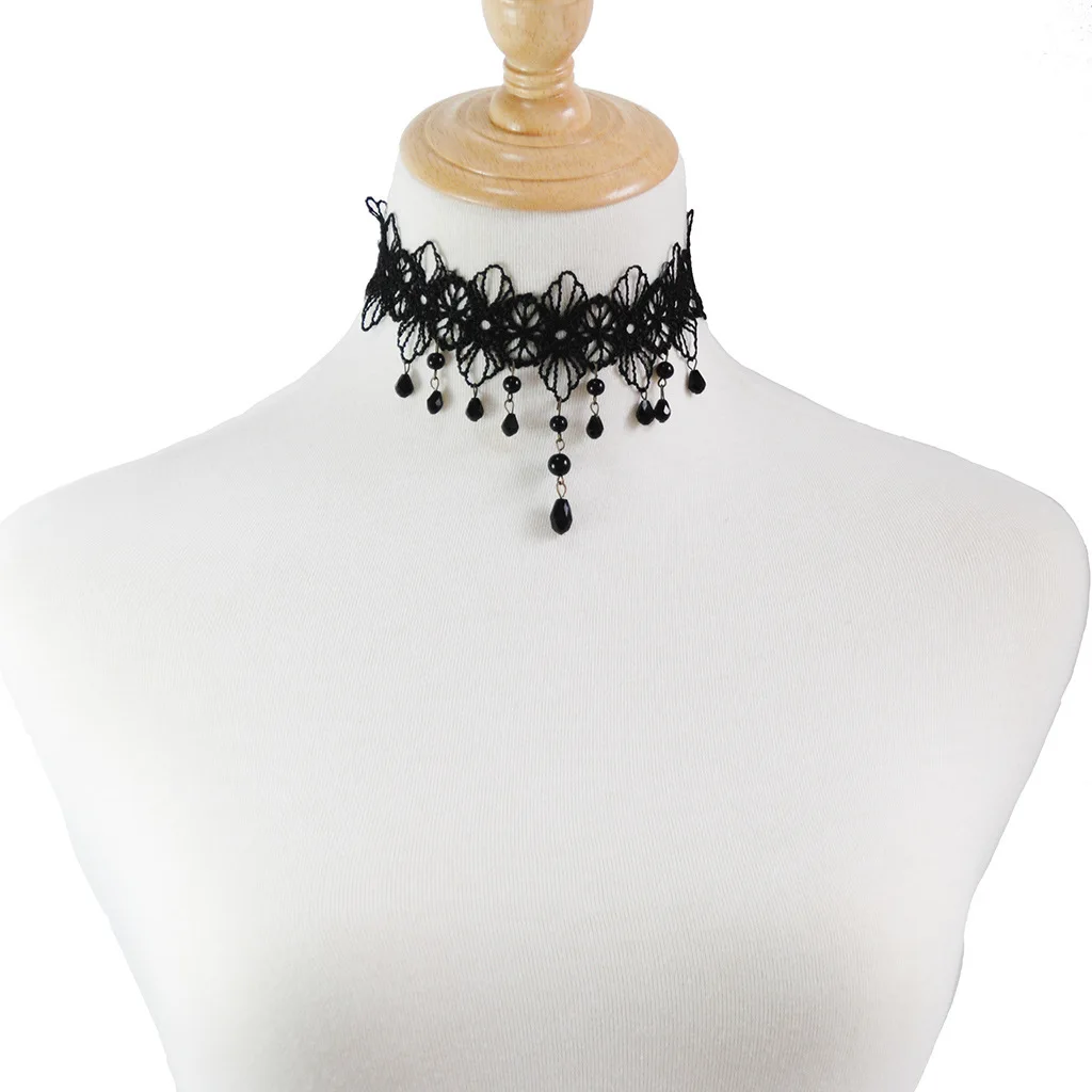 fashion Gothic Victorian Crystal Beads Tassel Tattoo Choker Necklace Black Lace Choker Collar Vintage Women Wedding Jewelry