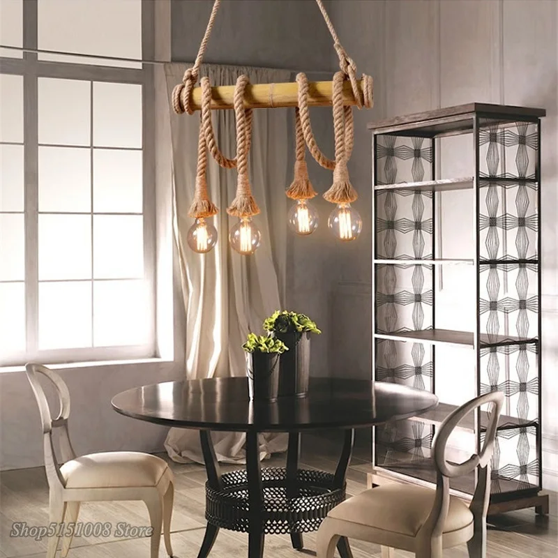Vintage Country Hemp Rope Pendant Lights E27 Bulb Creative Hanging Lamp for Bedroom Dining Room Furniture Kitchen Light Fixtures