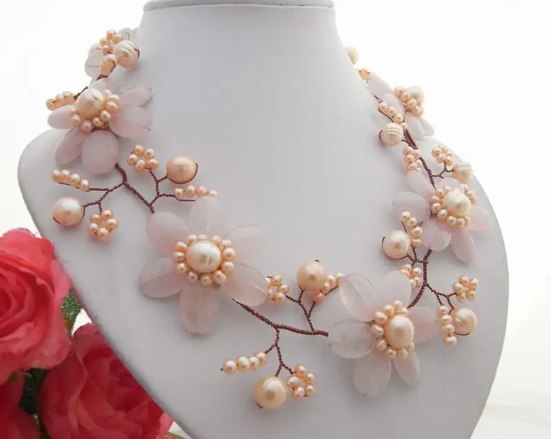 Y·YING Freshwater Pink Pearl Rose Quartzs Flower wrap Necklace