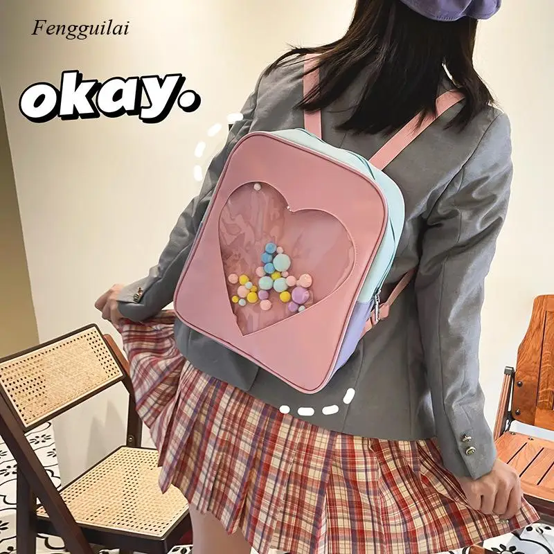 Japanese Harajuku Small Fresh and Sweet Kawaii Transparent Love Student Schoolbag Cute Contrast Color Female Backpack