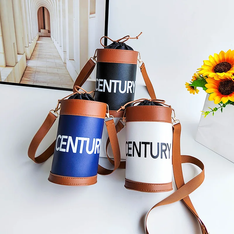 Tas Selempang Bucket Mini Fashion untuk Wanita Kulit PU Tas Selempang Bahu Huruf Berbentuk Barel Tas Tangan Wanita Kasual