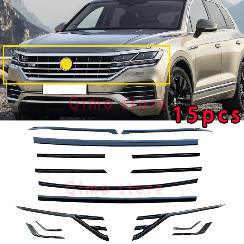 Tiras de malla para rejilla delantera de coche, accesorios ABS para VW Touareg, embellecedor medio, color negro brillante, 2019, 20212022, 2023