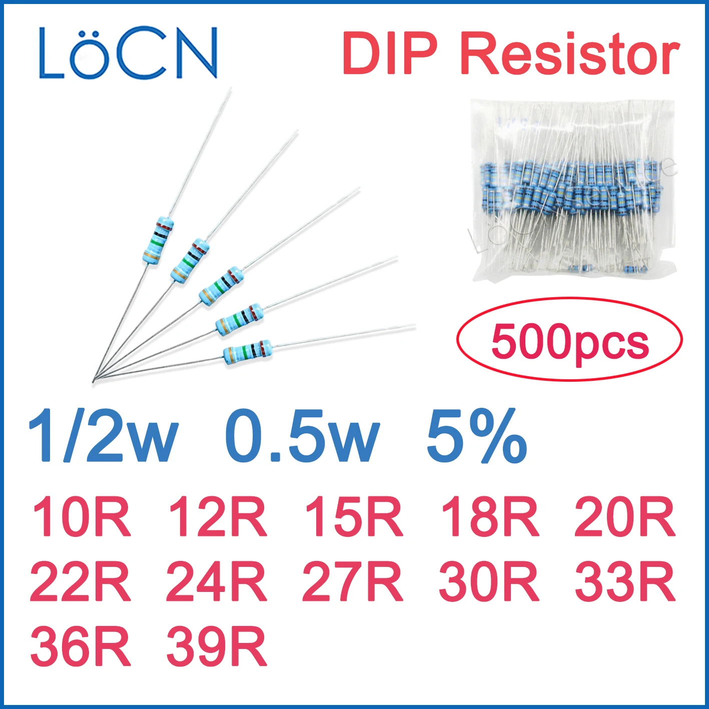 500 шт. 5% 1/2 Вт карбоновый пленочный резистор DIP 10R 12R 15R 18R 20R 22R 24R 27R 30R 33R 36R 39R Ом цветное кольцо 0,5 Вт