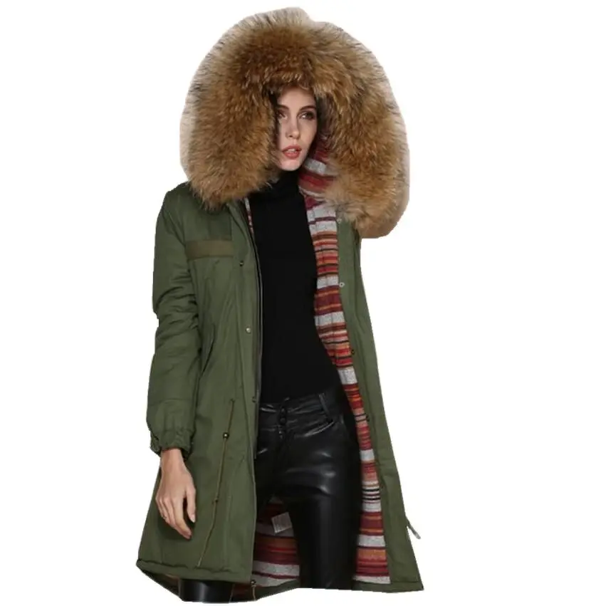 Army Green Long Parka With Red Cashere Lining Winter Warm Fashion Coat Italy Design Wear With Big Collar