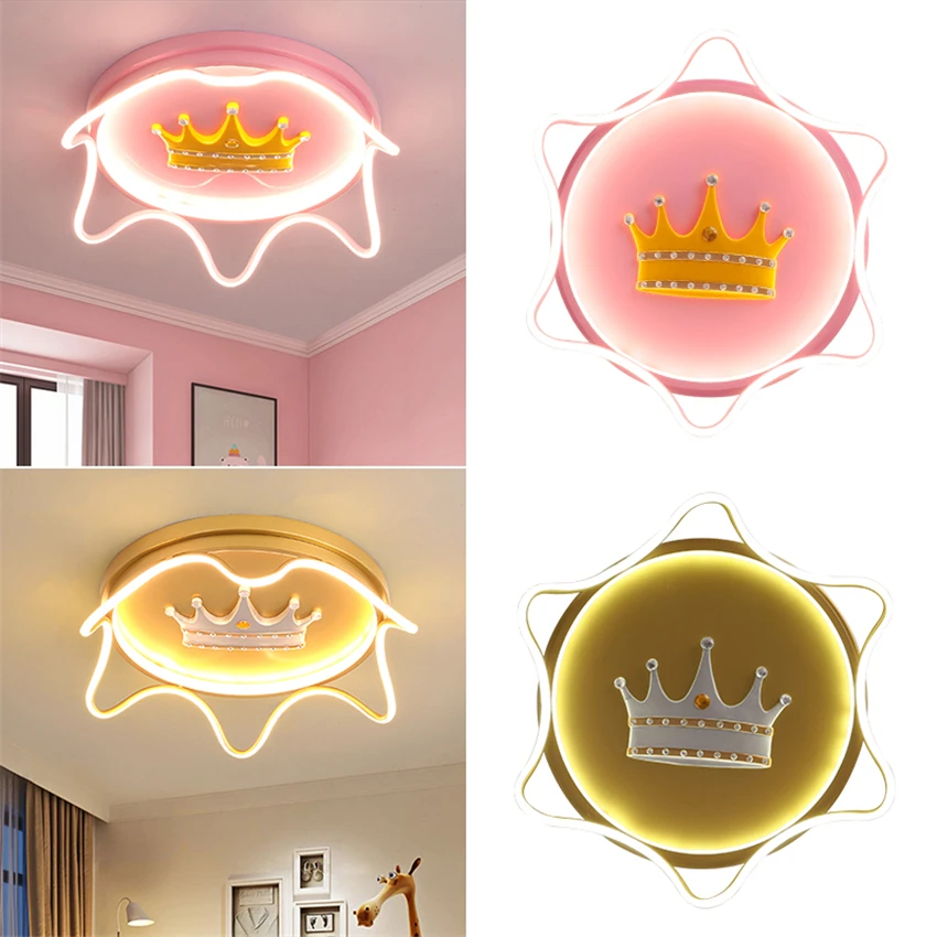 Pink Girl Princess Room Crown Ceiling Ligts Modern Children's Room LED Lamp Baby Kids Room Kindergarten Decor Round Ceiling Lamp