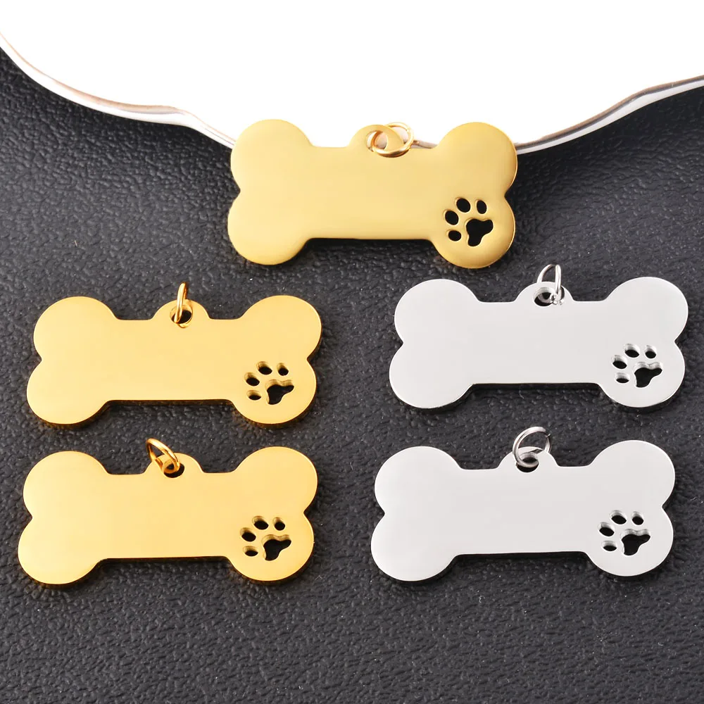 Wholesale 3pcs Stainless Steel 20X40mm Pet Dog Bone Tag Hollow Dog Paw Pendant DIY Charm Accessories Jewelry Findings 2 Colors