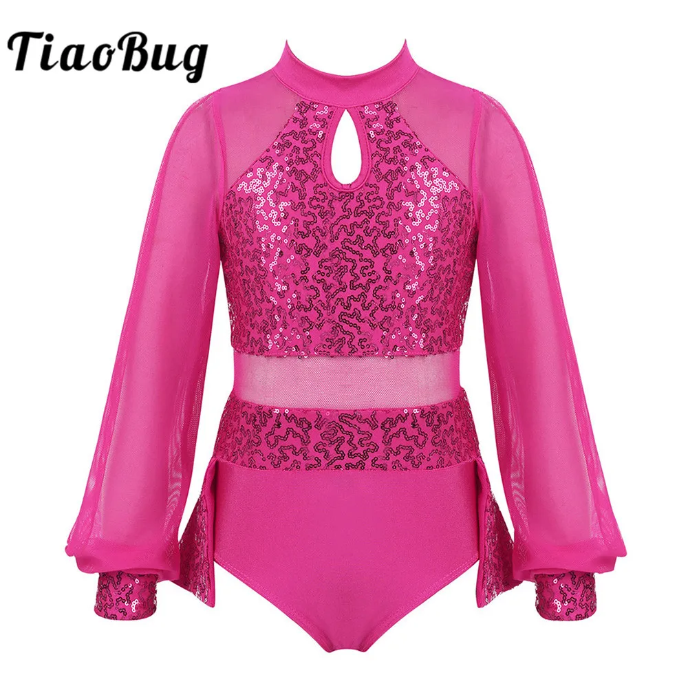 TiaoBug Kids Split Long Sleeves Shiny Sequins Tulle Splice Gymnastics Leotard Girls Ballet Dress Stage Performance Dance Costume