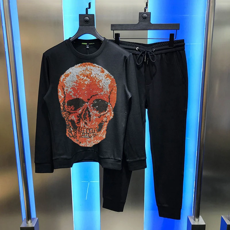 Autumn And Winter Skull Hot Drill Craft Black Hip-Hop Streetwear Men's Sets Cotton Oversized Hoodie Sweatshirt + Pants