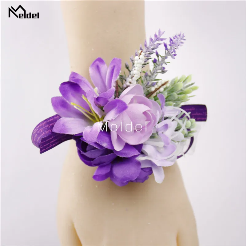 Meldel Boutonniere Bruid Pols Corsage Bruidegom Boutonniere Kunstmatige Bloem Meisje Armband Wit Paars Bruiloft Corsages