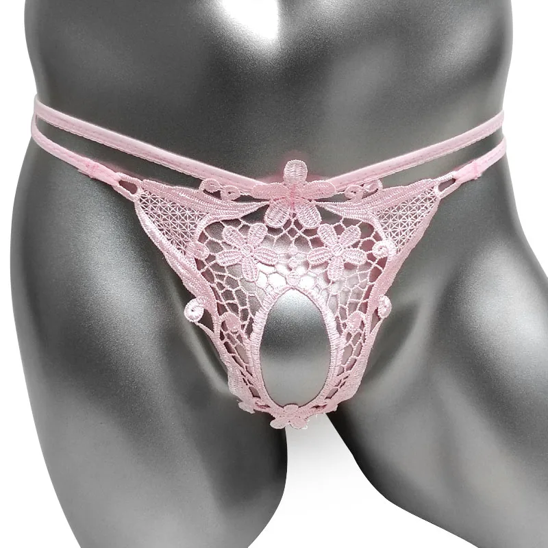 String en dentelle pour hommes, Lingerie, sous-vêtements avec trous de pénis, culotte Gay