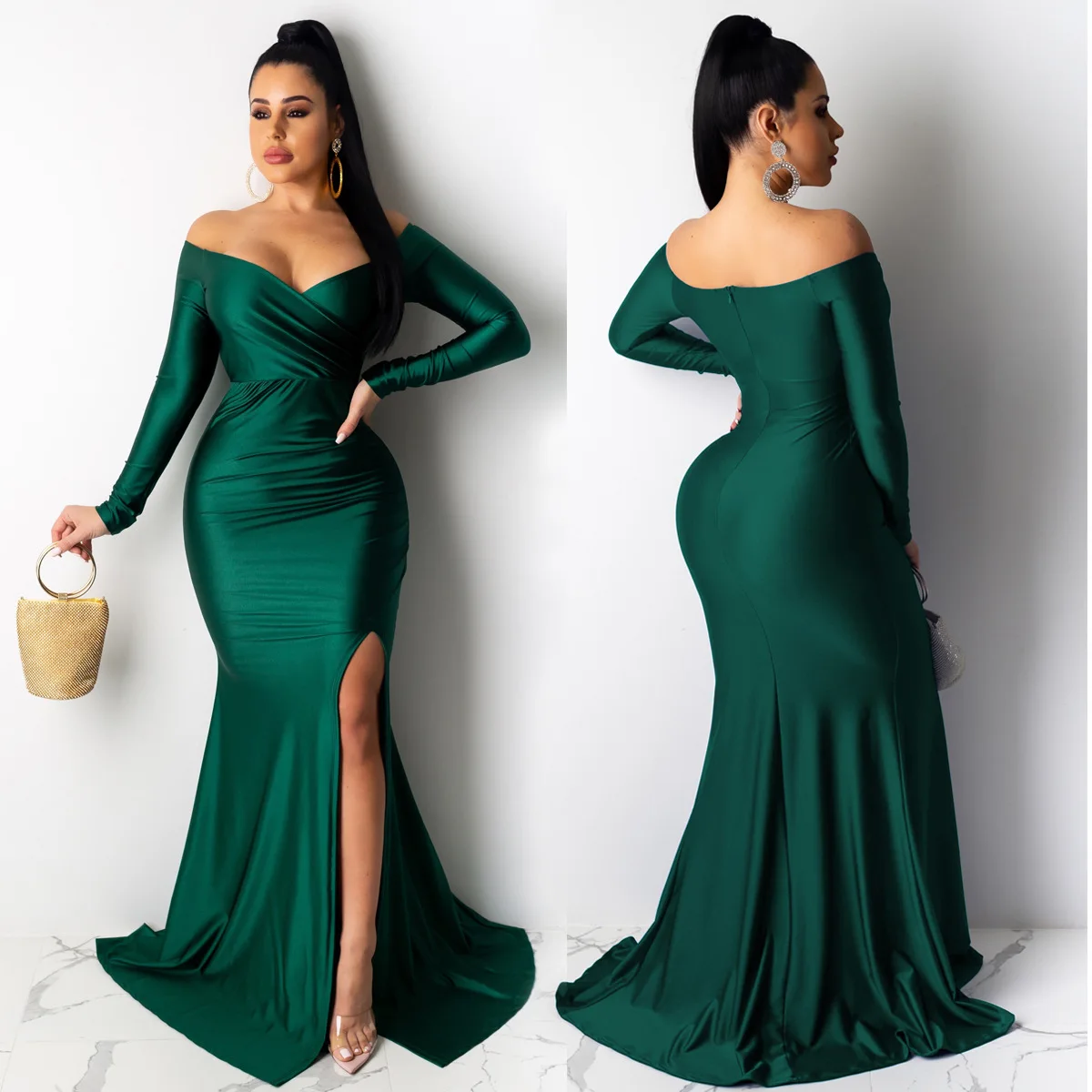 Fall Winter Women Off Shoulder Plunging V-neck High Side Split Mermaid Maxi Red Dress Sexy Night Party Club Long Dresses