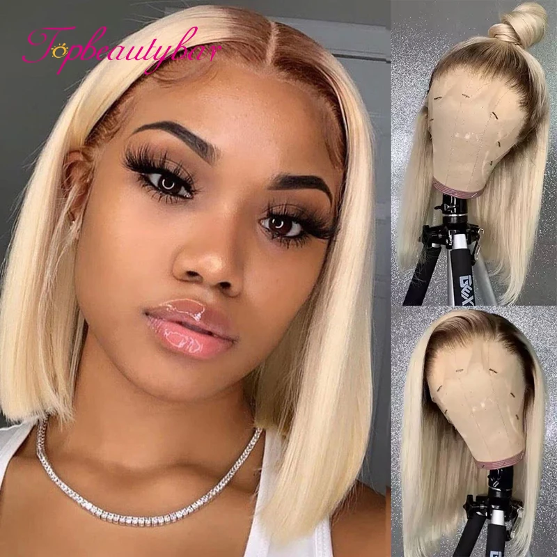 

#4/613 Honey Blonde Short Bob Wig Straight Bob Lace Frontal Wig 180% Peruvian Lace Front Human Hair Wigs With Transparent Lace